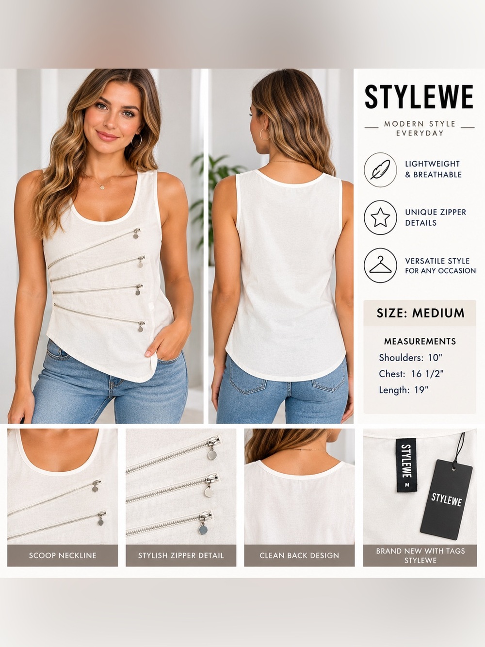 STYLEWE Women’s White Tank Top Medium Sleeveless Silver Zipper Detail